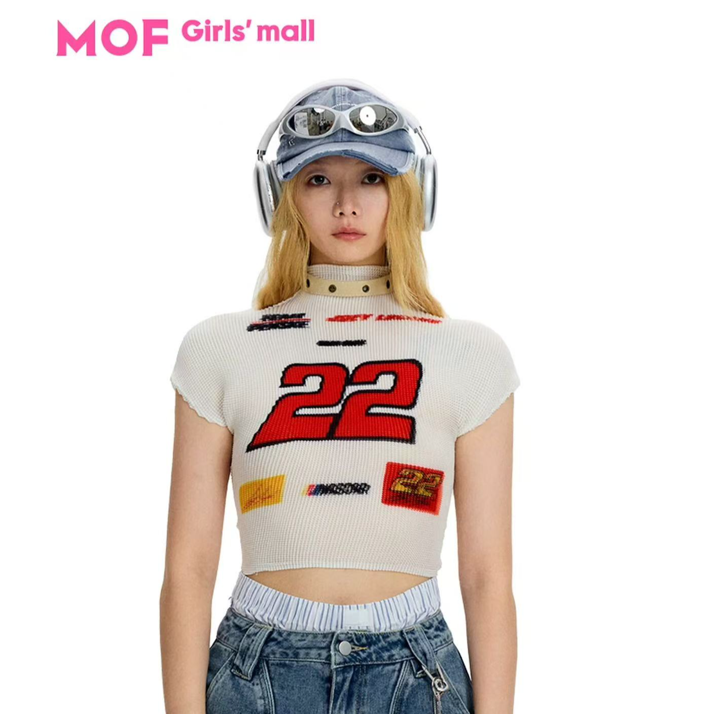 【自播】MOF 少女百货 Oink oink 辣妹运动白色22字母褶皱衫