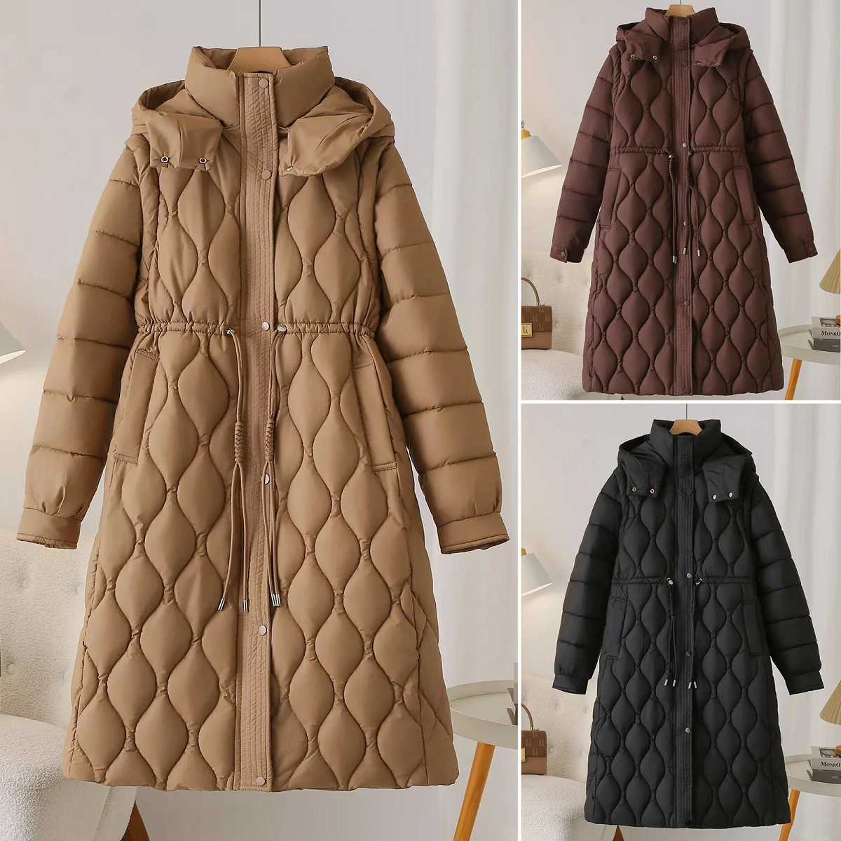 大码女装2025冬装胖mm长款抽绳棉衣袖子可拆卸中年收腰连帽女棉服