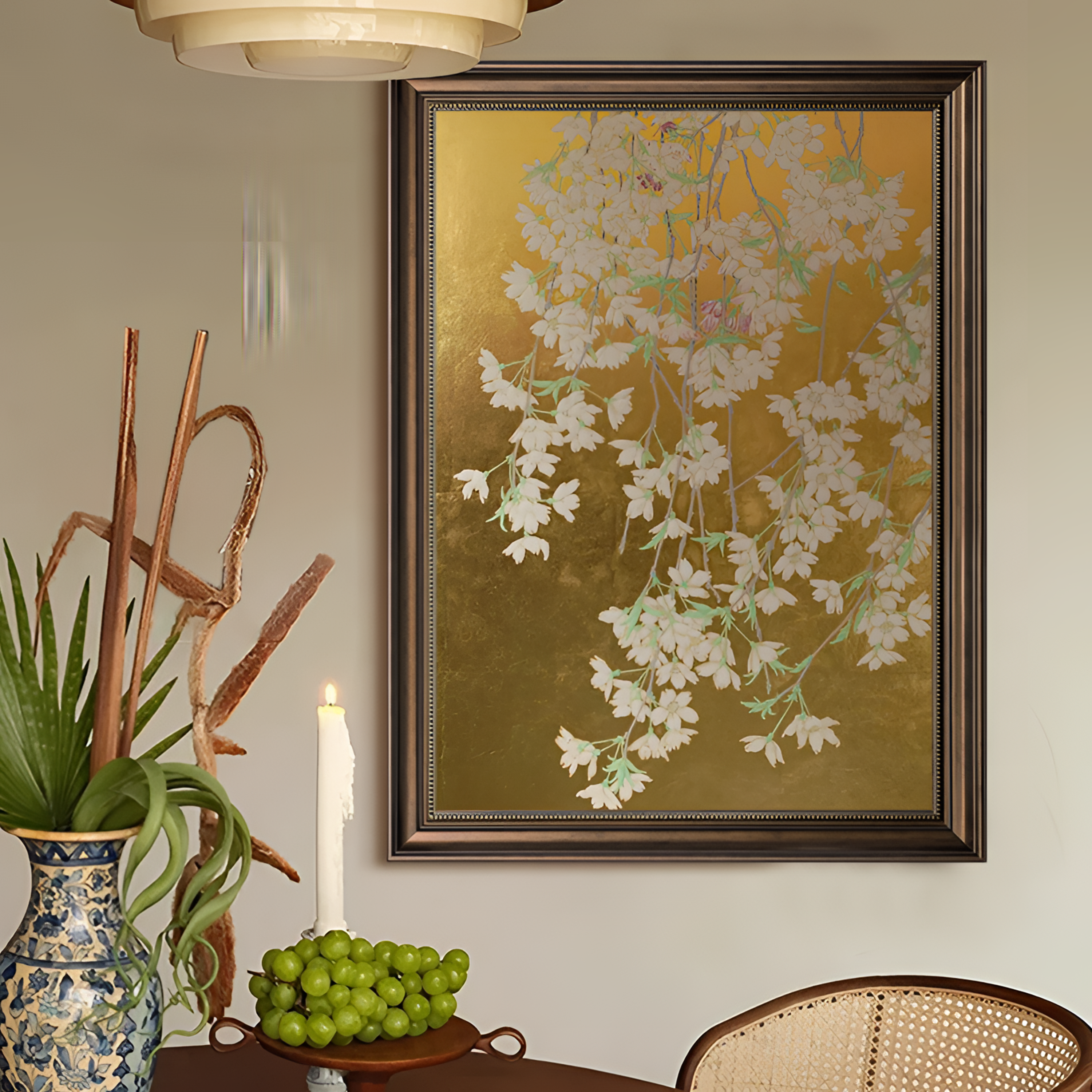 中古风客厅餐厅美式装饰画玉兰花卉复古挂画入户玄关美式复古油画