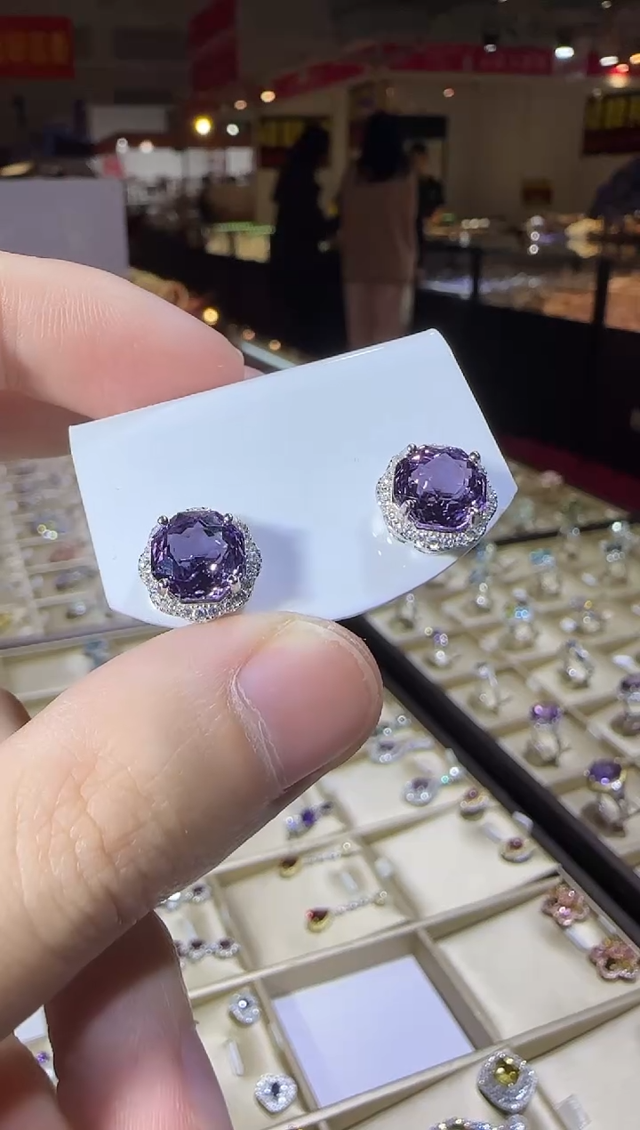 银S925镶嵌耳饰紫晶10mm耳钉玫瑰款帝王紫