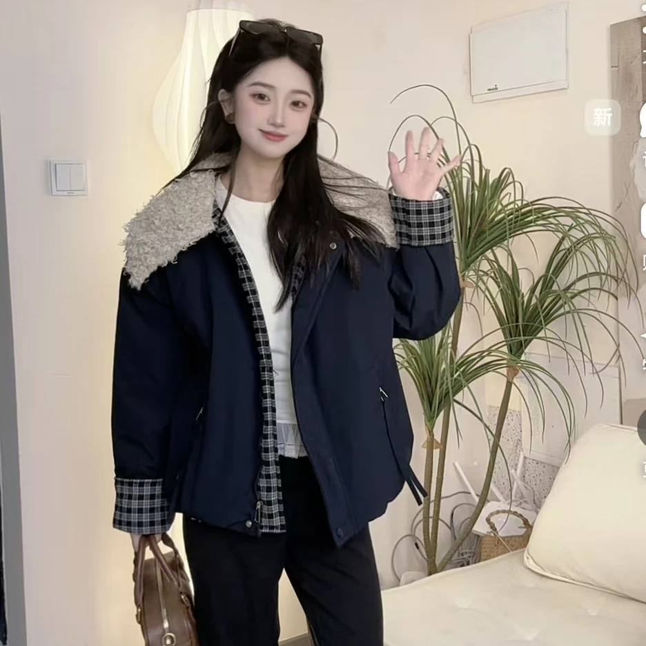 翻领加绒加厚冲锋衣外套女2025秋冬新款韩版宽松上衣