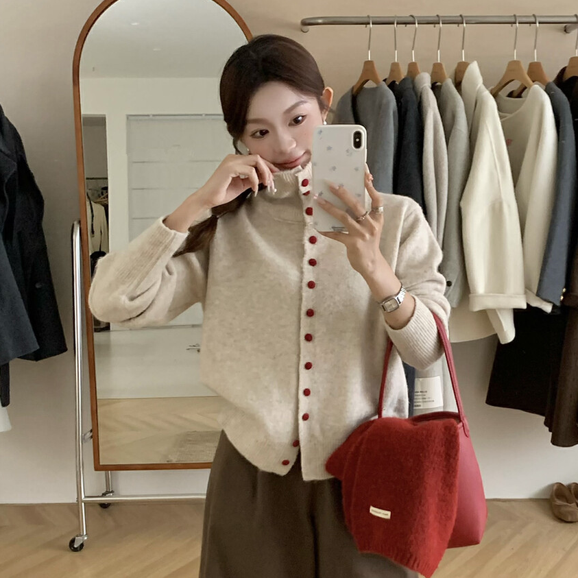 红色排扣针织开衫毛衣外套女秋冬新款宽松显瘦慵懒风立领长袖上衣