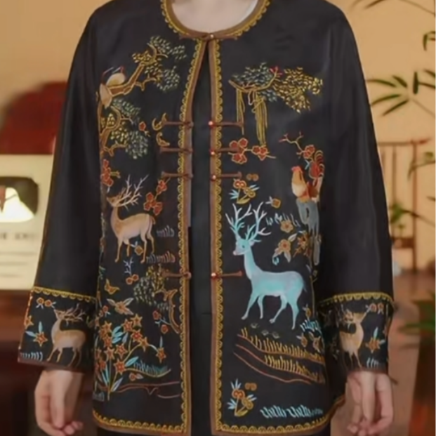 【618】新中式风 桑蚕丝  黑色【遇见神鹿】刺绣外套243245【福禄寿喜】