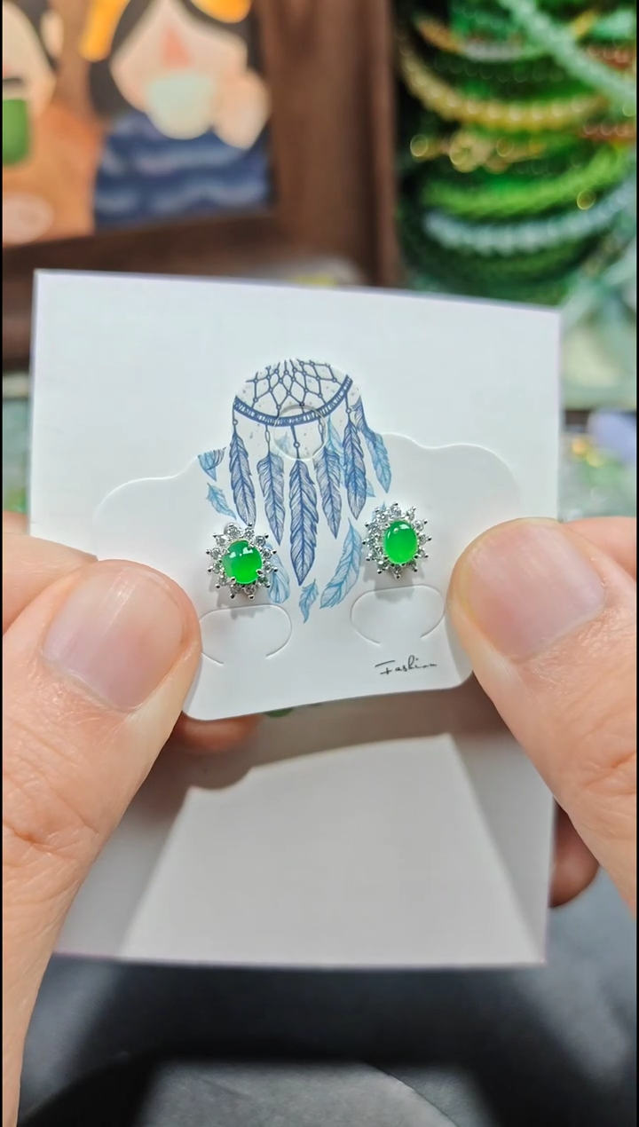 银S925镶嵌翡翠耳饰翡翠耳饰S925银镶嵌