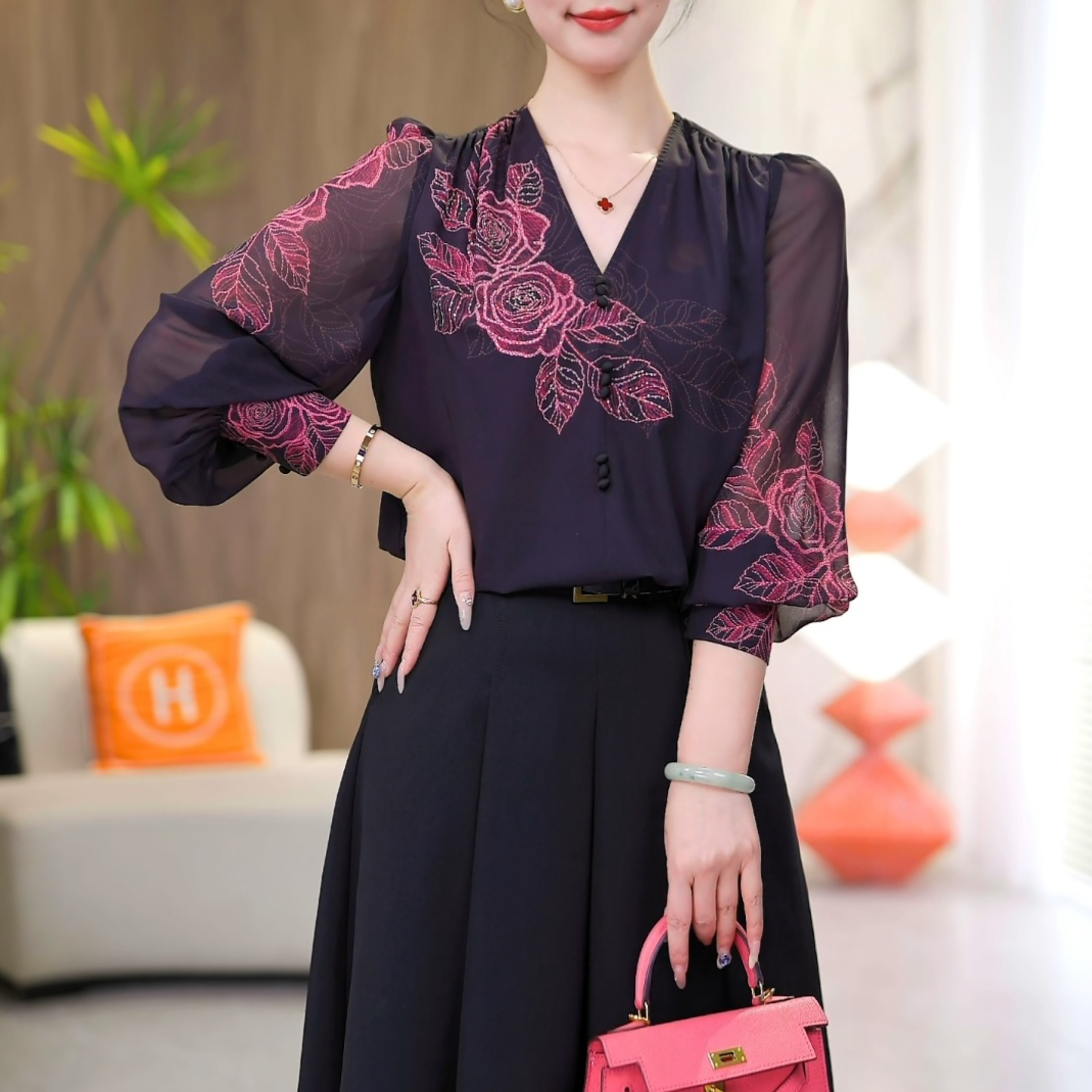 【花影浓情】时尚气质V领百搭2025早春新款长袖显瘦宽松T恤减龄上衣