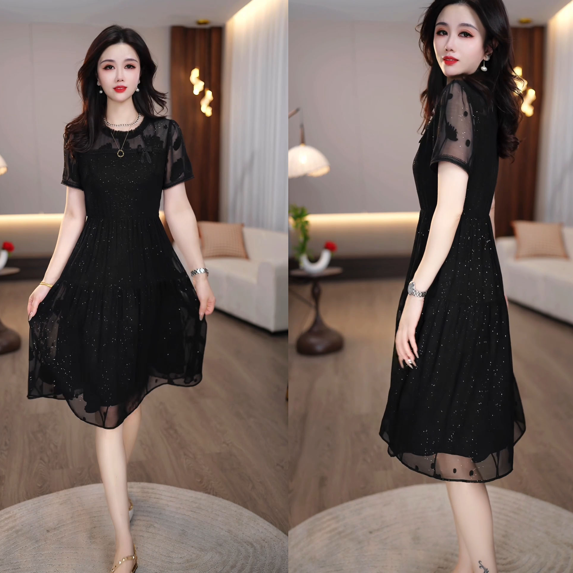2025夏款小黑裙时尚气质优雅收腰显瘦洋气修身女士连衣裙M-4XL