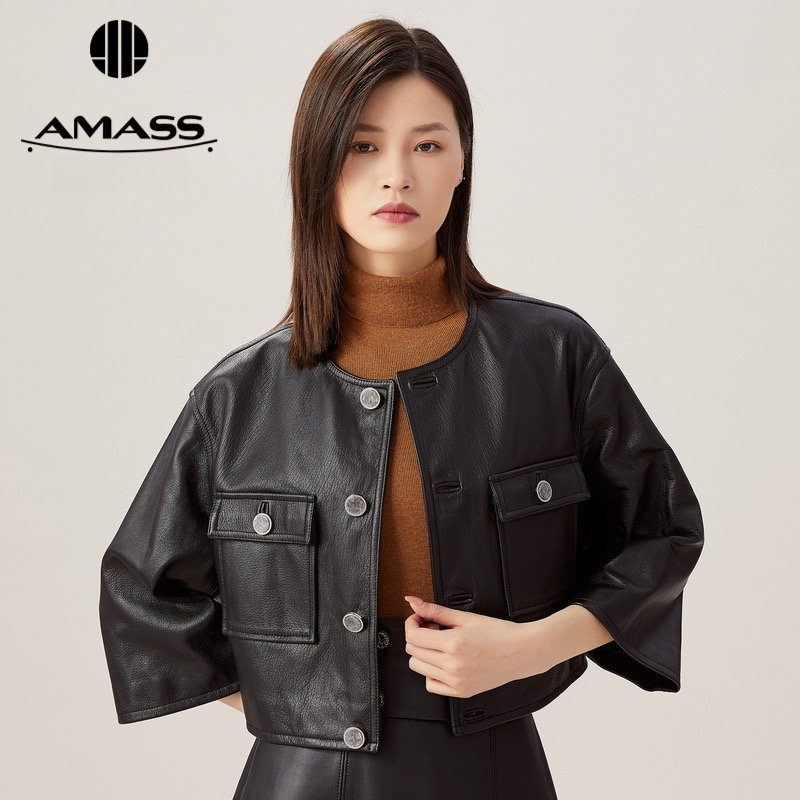 【阿玛施AMASS】圆领七分袖短款夹克外套皮衣5400757