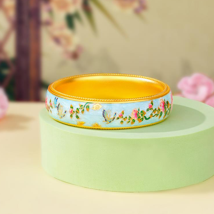 ZOCAI/佐卡伊【传世之美】古法黄金足金珐琅彩宽版国色芳华手镯