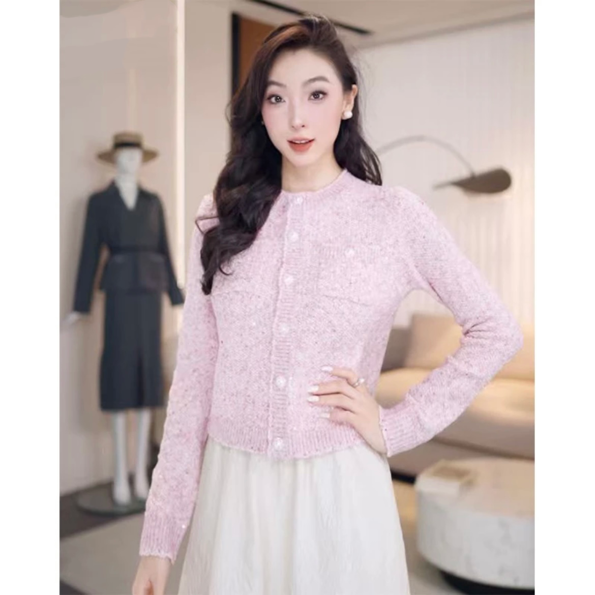 哥弟新款法式优雅亮片毛衣针织时尚圆 领针织开衫148068