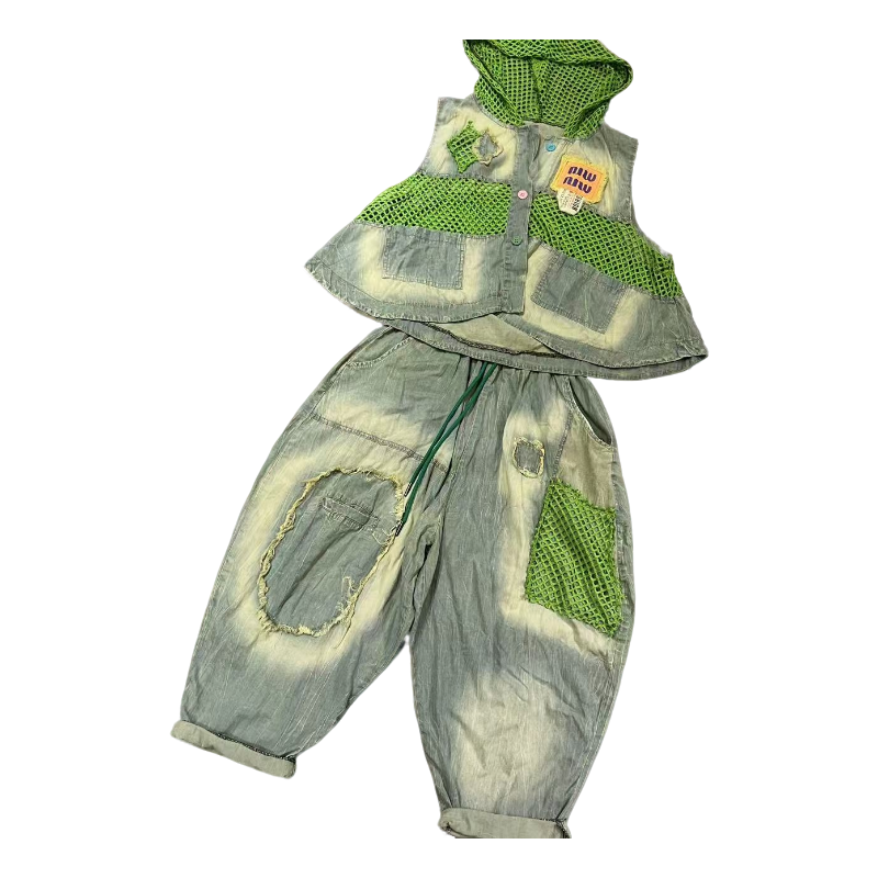 牛仔拼渔网连帽短款马甲