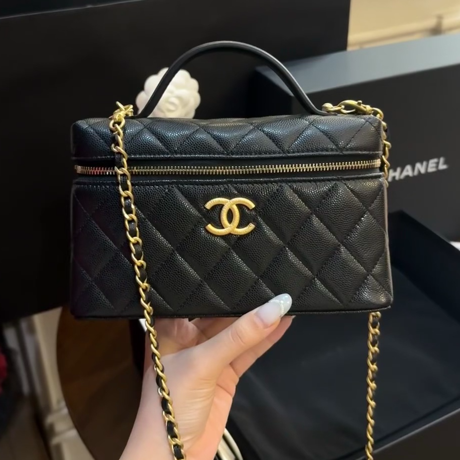 95新 Chanel/香奈儿 GGS25c LP手柄长盒子黑金鱼子酱牛皮23024923