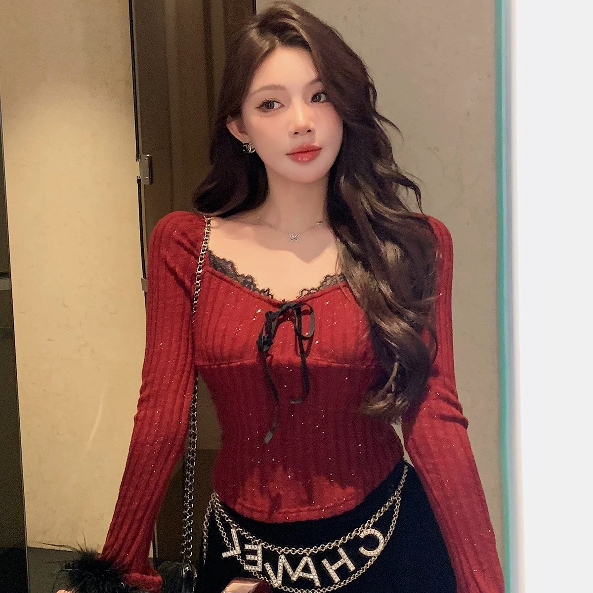 法式复古小众设计拼接毛毛长袖针织冬季新款修身辣妹短款打底上衣