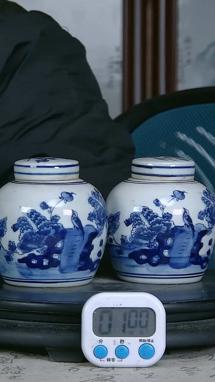 陶桥*青花精绘花鸟图罐一对