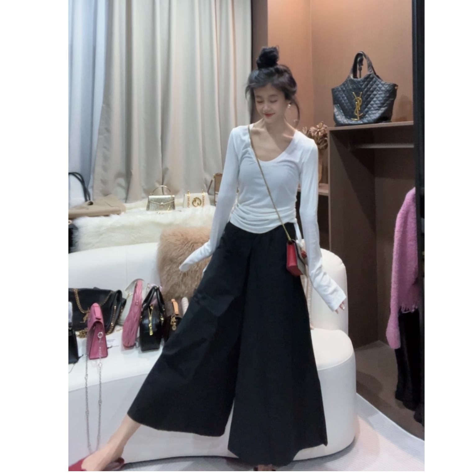 四季可以穿U领抽绳长袖抽褶打底衫 防晒薄款面料显瘦露锁骨上衣