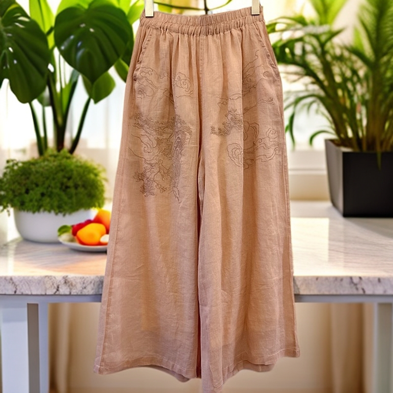 zm011裤长:90cm苎麻双层刺绣阔腿裤