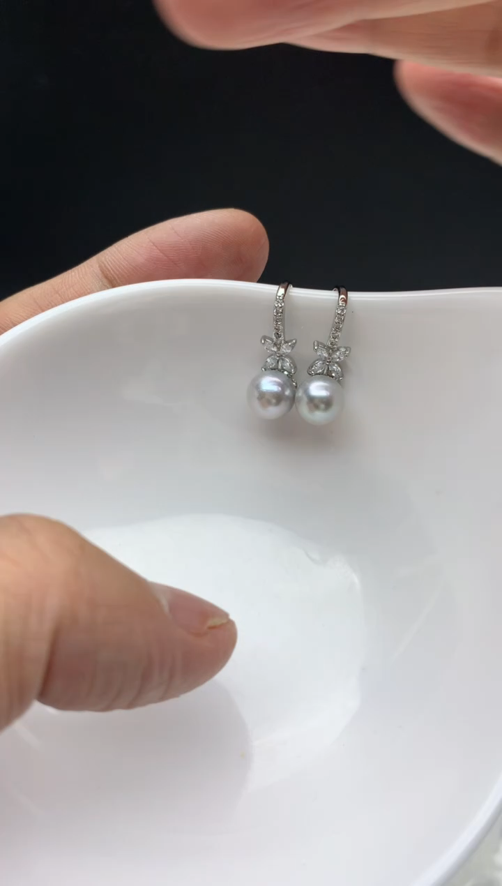 未镶嵌ff淡水珍珠akoya灰珠耳饰7~8mm