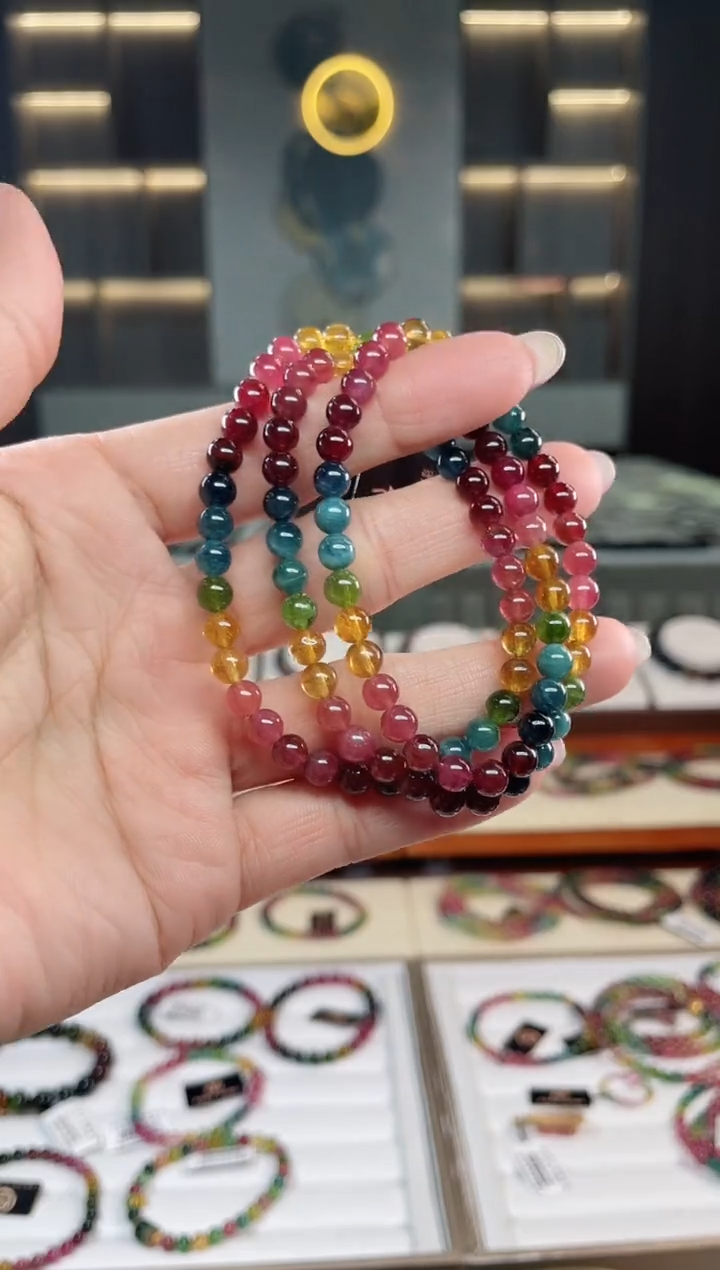 未镶嵌老矿碧玺彩虹三圈手串5mm+碧玺碧玺多样性发一条T