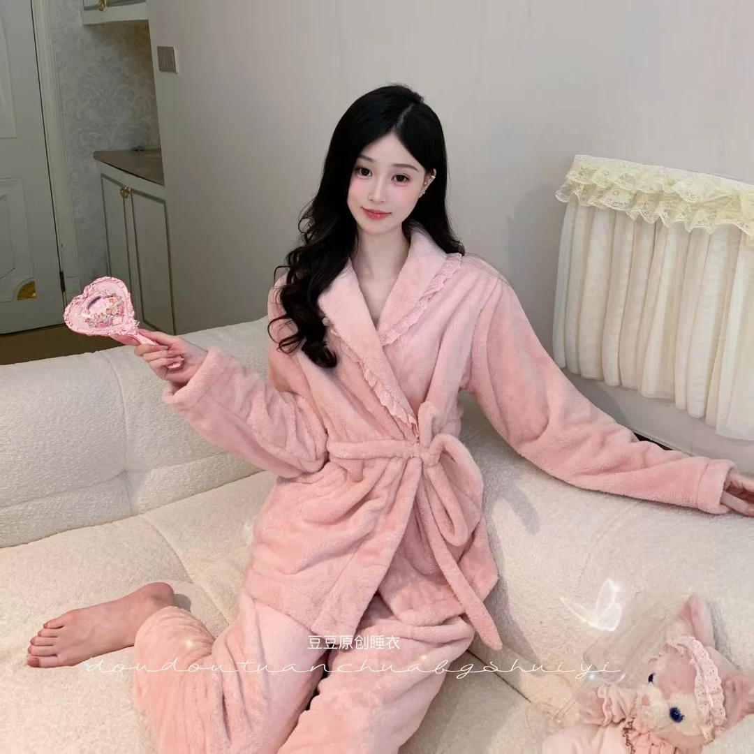 西米【暖暖】秋冬厚绒厚绒家居服睡衣女可爱甜美显瘦可外穿套装睡袍