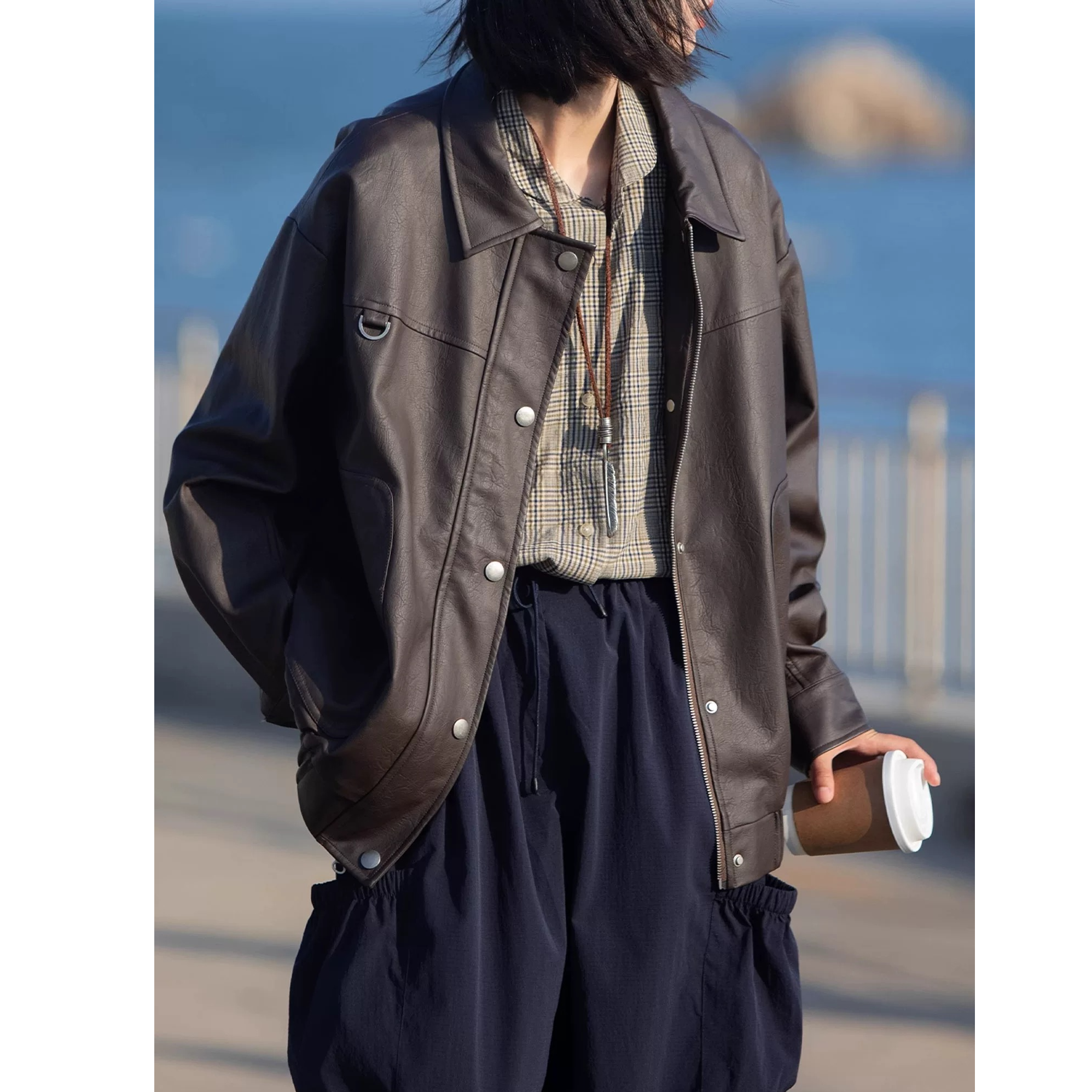 【GF137】春秋日系复古日常百搭翻领夹克皮衣外套~男女同穿