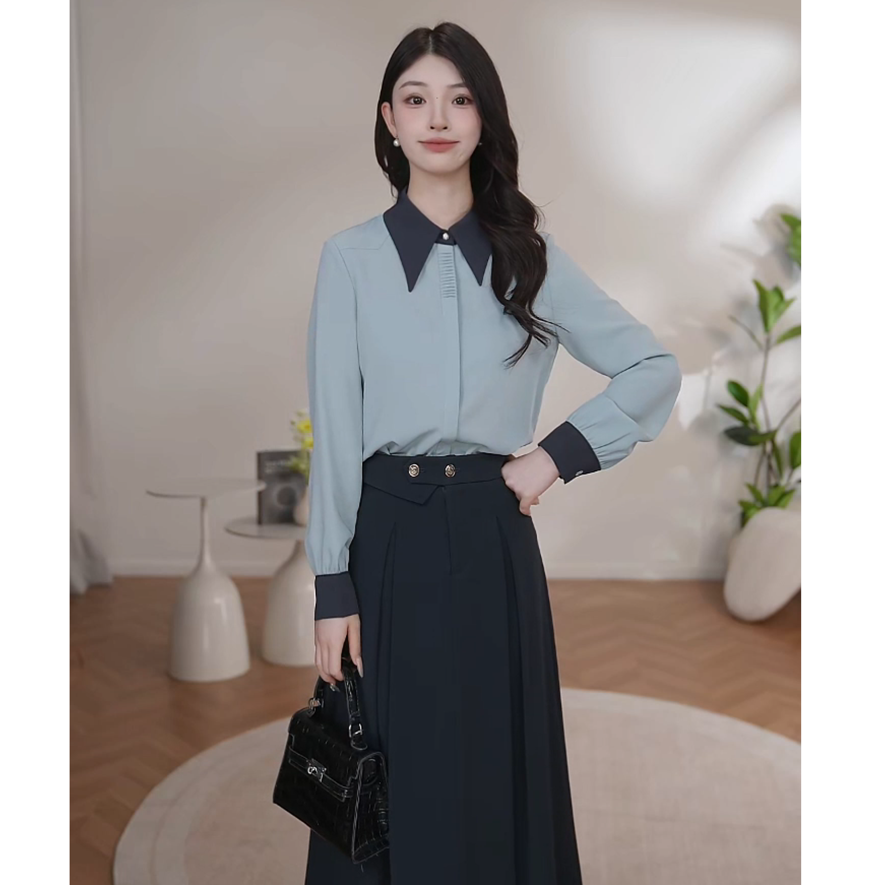 【曼贝】蓝绿色衬衫衬衣长袖春季商务时尚通勤女士8391187【珮珮】