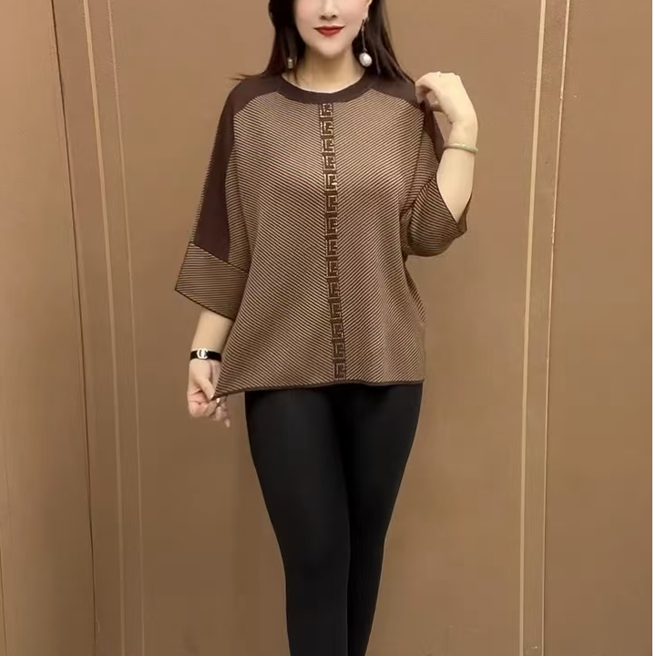 七分袖拼色针织衫2025春秋中年妈妈气质纯色宽松显瘦时尚精品女装