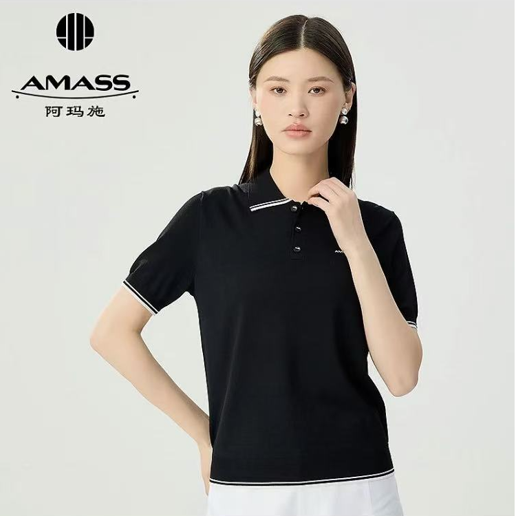 AMASS/阿玛施新款夏季薄款经典黑色质感正肩polo领针织衫538022