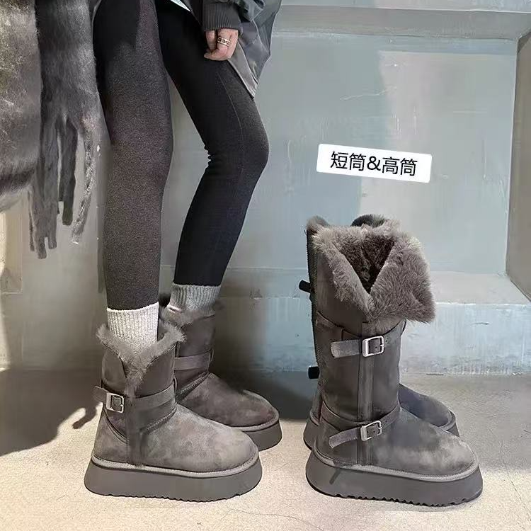 灰色雪地靴女2025冬季新款厚底增高加绒加厚长筒雪地棉鞋INS风