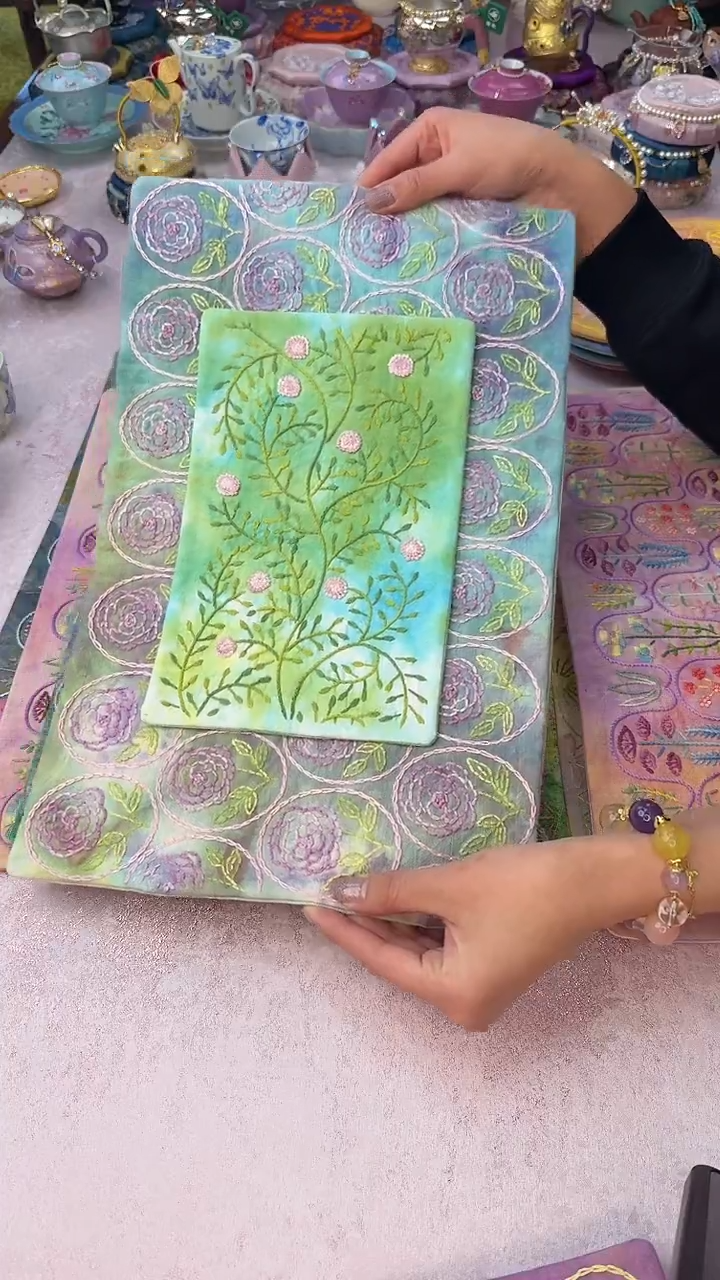 50两件套组 手作植物扎染刺子绣茶席