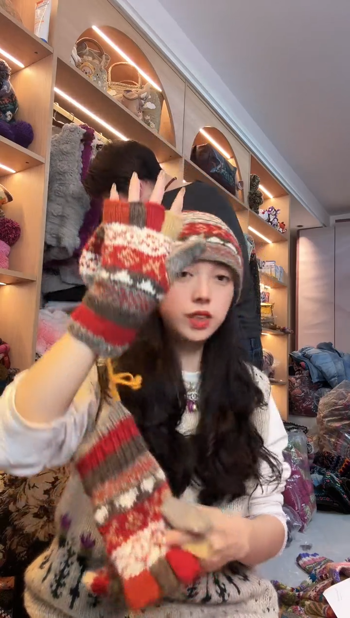 羊毛纯手工细线手套明星同款