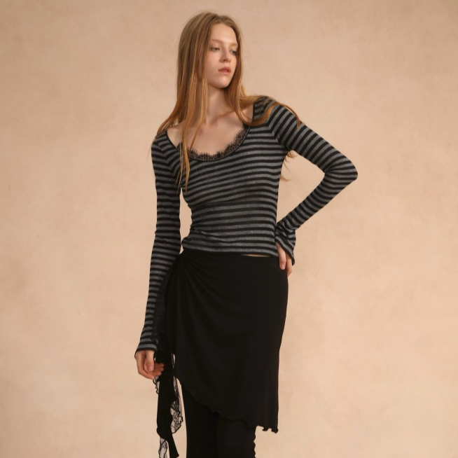 【BY TRIOTRIO】noundnound修身显瘦蕾丝拼接露肩长袖打底衫25新款