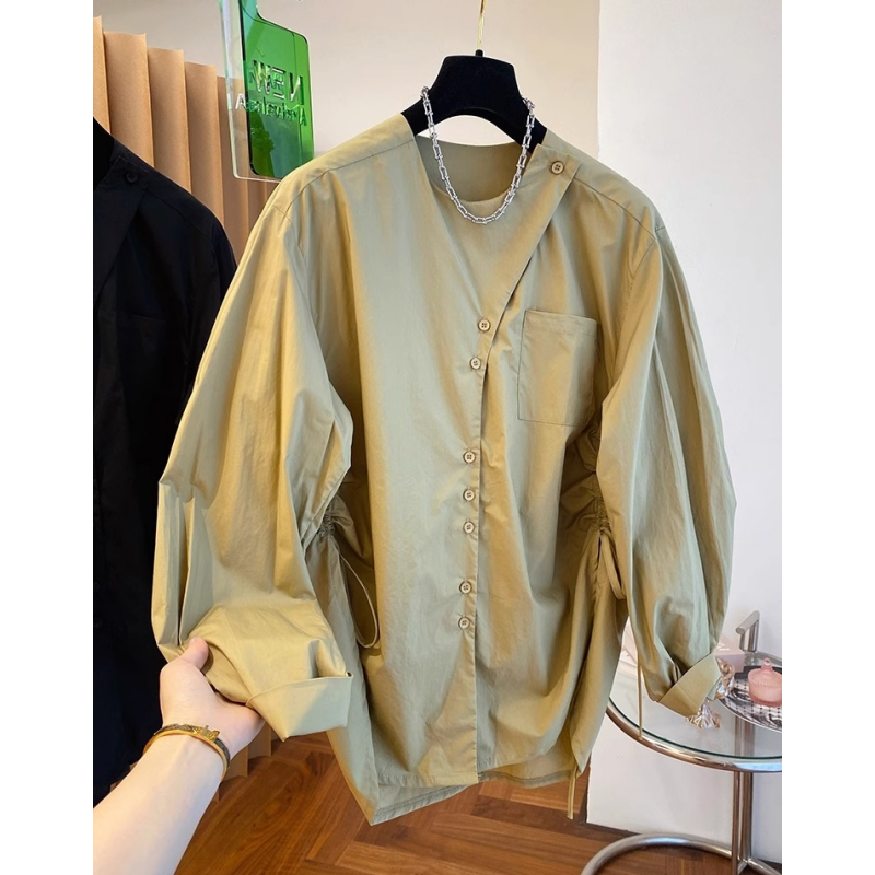 5047新款设计感小众宽松休闲不规则长袖衬衫女春秋高级感圆领上衣