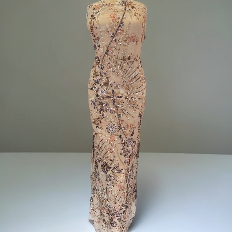 新款浅咖色带钻雪纺Lora面料