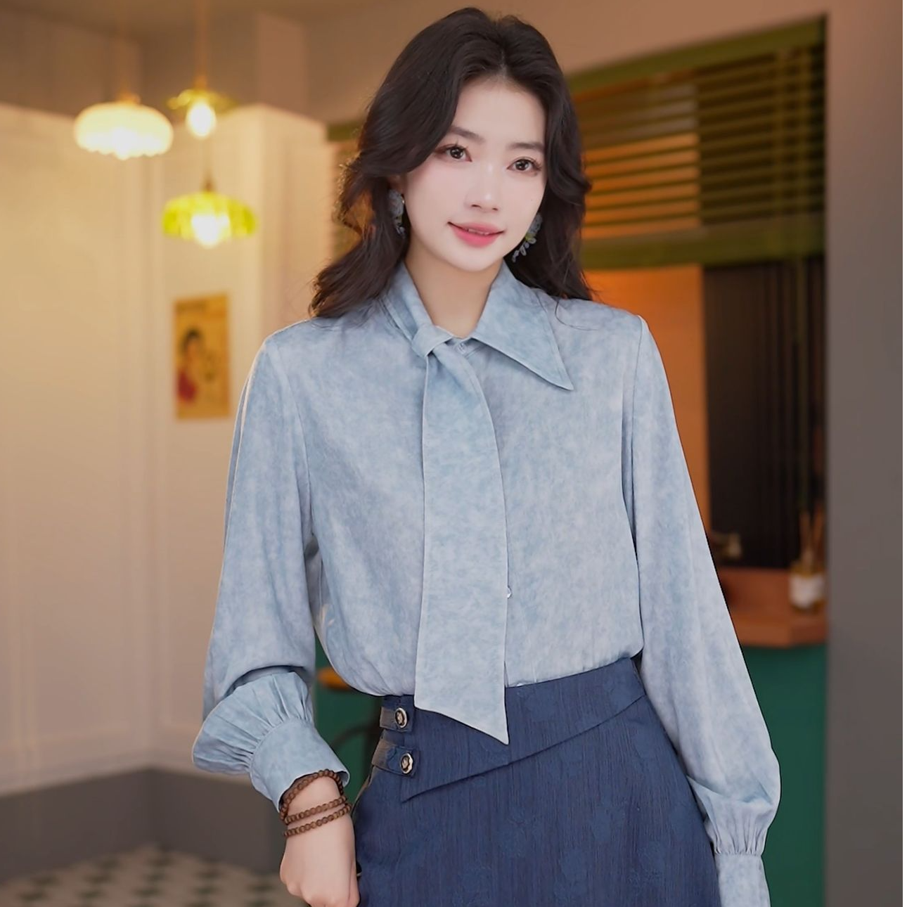 丁佳欣【晴蓝】港风复古纯色衬衫女宽松显瘦上衣DK0725182