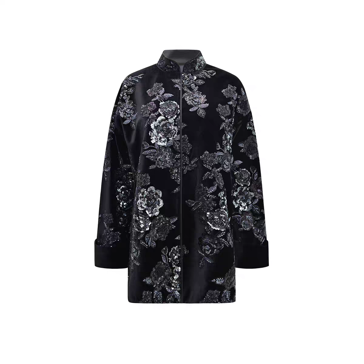 M essential 设计师品牌 墨绘丝绒 新中式立领外套 短裙