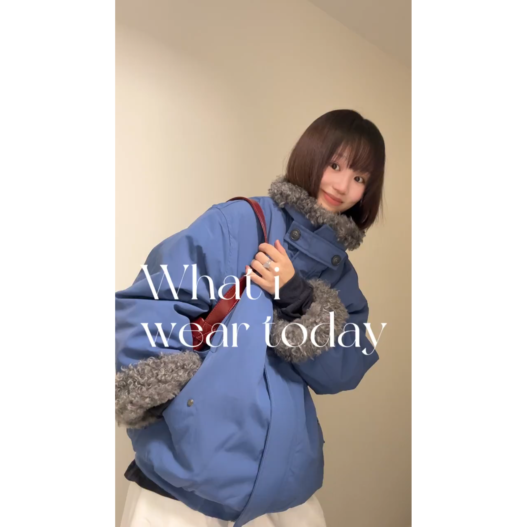 MARIE.COCO美式复古蓝色毛领棉服外套女秋冬设计感保暖派克服夹克