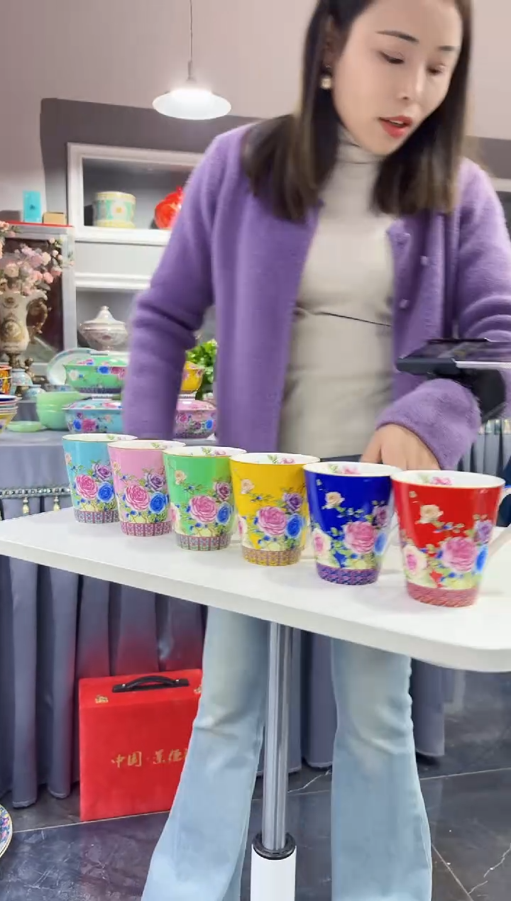 珐琅 牡丹花卉水杯6只装景德镇