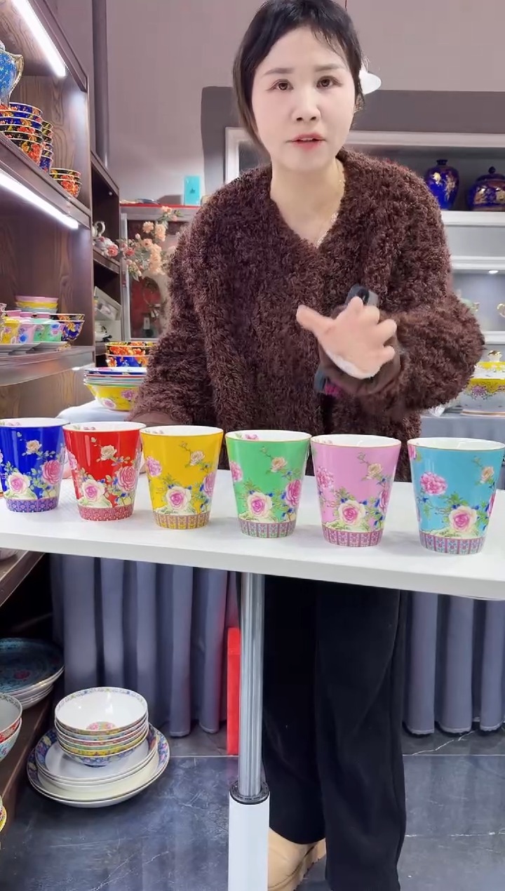 珐琅 牡丹花卉水杯6只装景德镇 