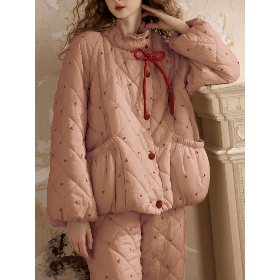 简约蝴蝶结三层夹棉睡衣女冬季2025新款舒适加厚保暖家居服套装