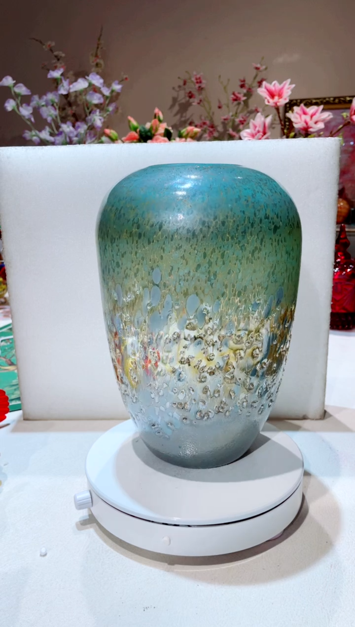 【闪购商品】琉璃手工艺品老琉璃蓝青浮雕花瓶 微瑕