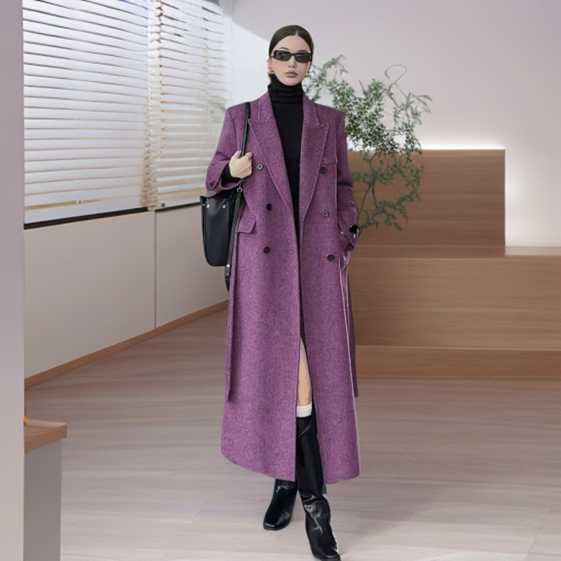 2025秋冬毛呢外套紫色西装领极简风大衣宽松过膝常规中长款