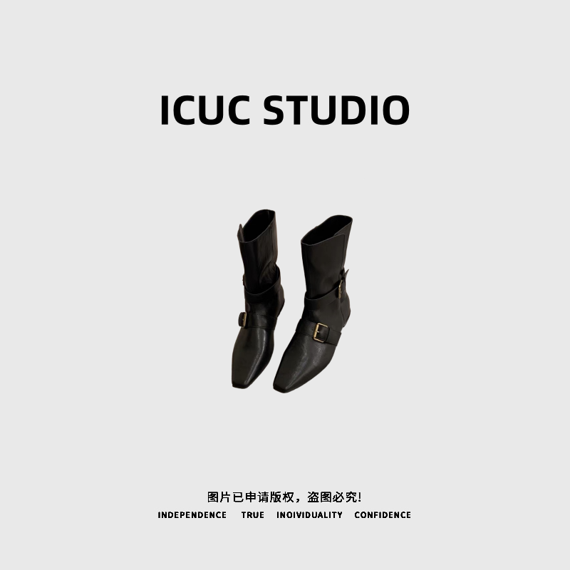 ICUC STUDIO-【自由牧歌】黑色翻折尖头双搭扣短靴子9560-01