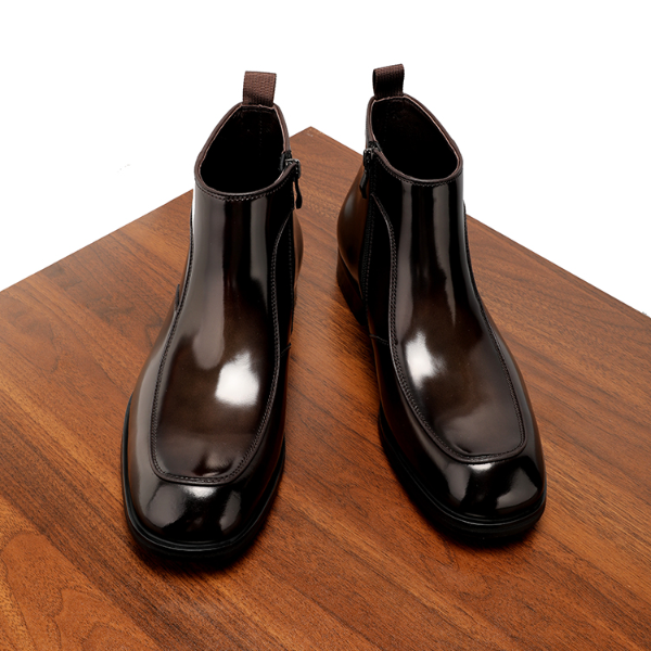 英伦方头真皮鞋正装男士皮靴商务短靴亮面拉链冬季加绒切尔西靴男