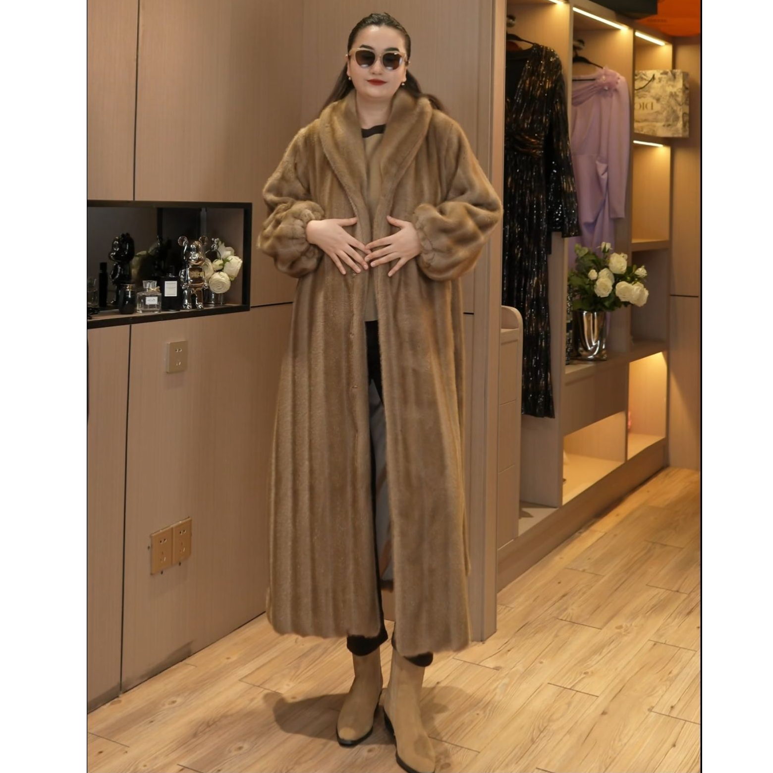 人造皮草 （衣长132）25128款过膝长款慵懒风宽松毛毛外套女冬