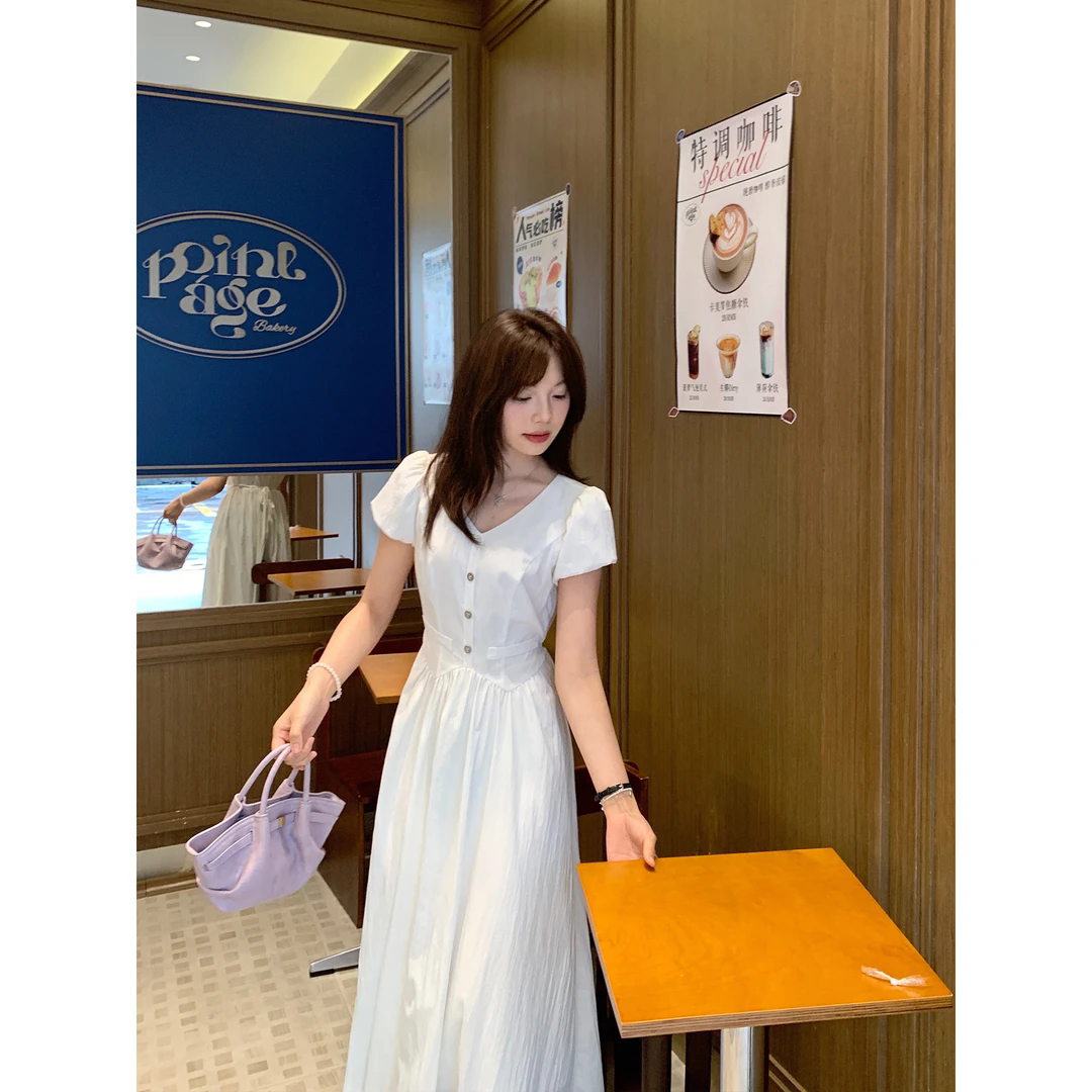 切糕自制【回国白月光】小个子夏季女气质优雅收腰显瘦白色连衣裙