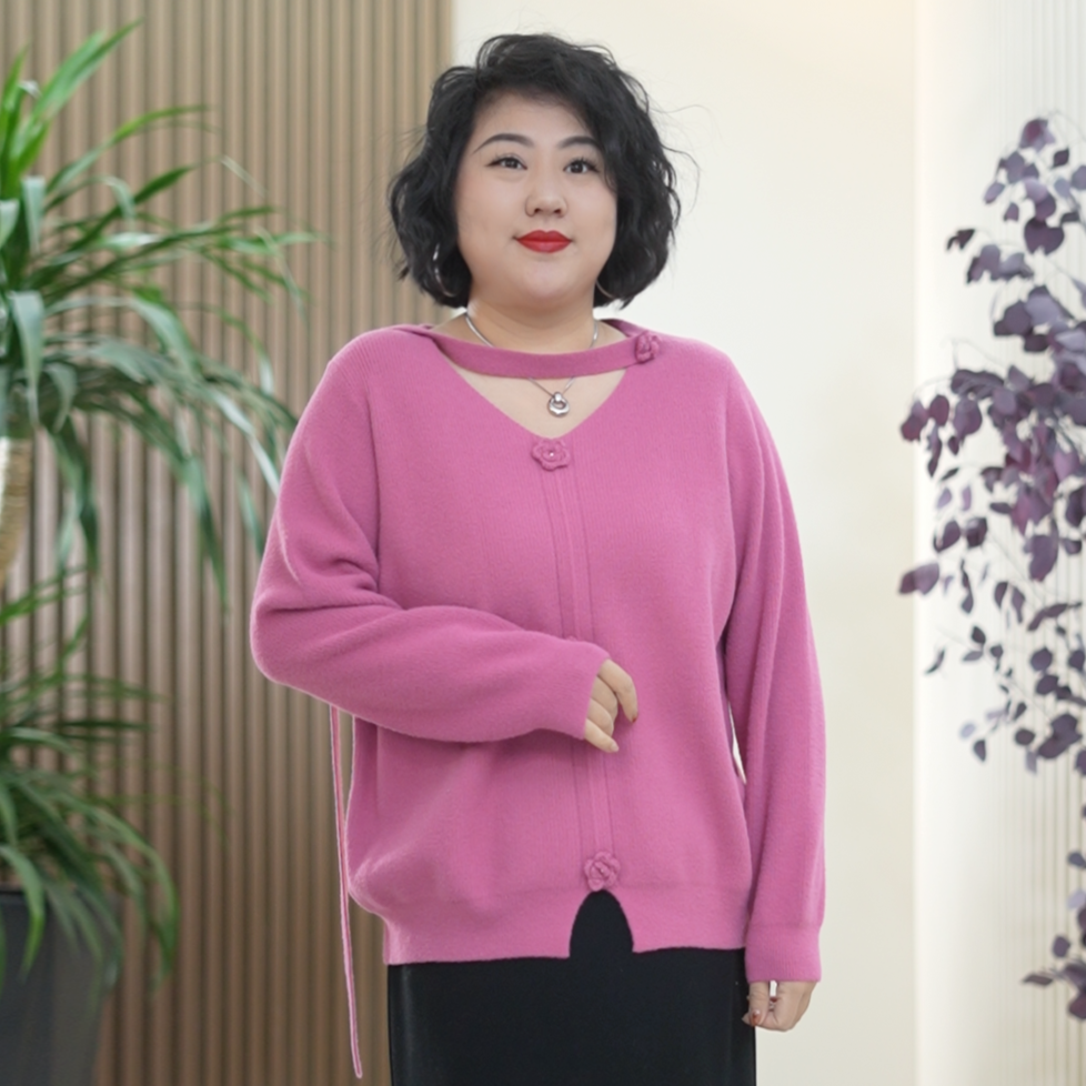 立体花朵安迪绒针织衫女大码弹力挂脖飘带显瘦软糯心机领秋季上衣