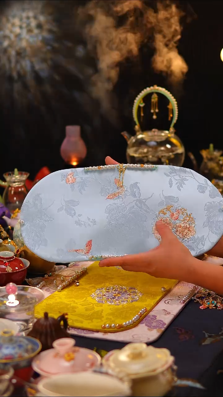 026 茶席茶席40x20cm蓝色牡丹花
