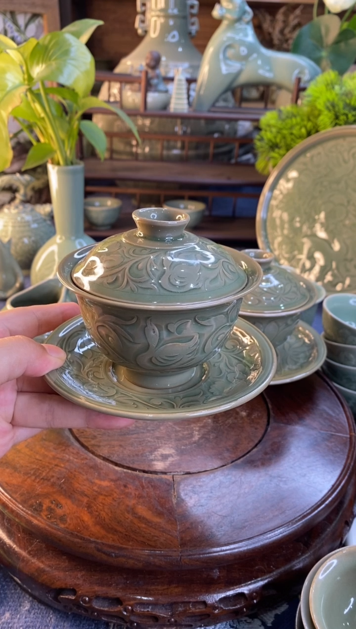 900091 三才手工刻花盖碗1只鸭微瑕