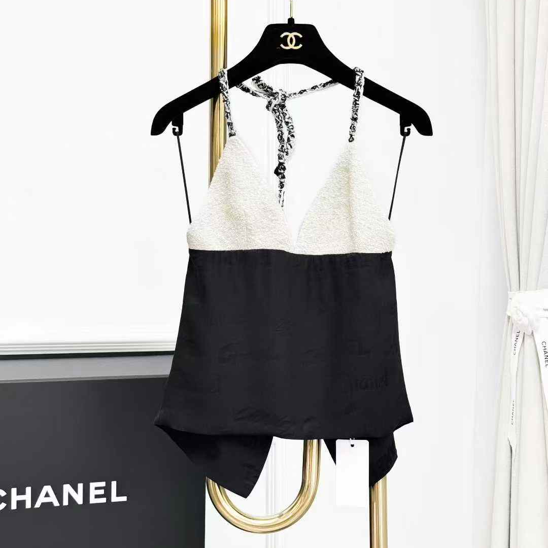 99新 Chanel/香奈儿  36码22P真丝拼接粗花呢黑白露背挂脖吊带
