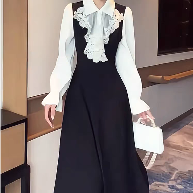 【80-180斤】2025新款法式复古优雅假两件连衣裙女收腰黑色长裙6024