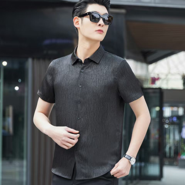 【丝航丝绸】夏季休闲香云纱衬衫男短袖宽松高档桑蚕丝薄款半袖上衣